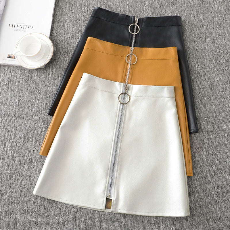 2021 New Quality Leather Skirts Women Summer Korean High Waist Big Iron Ring Zipper Yellow Black White Mini Short Skirt Oon4