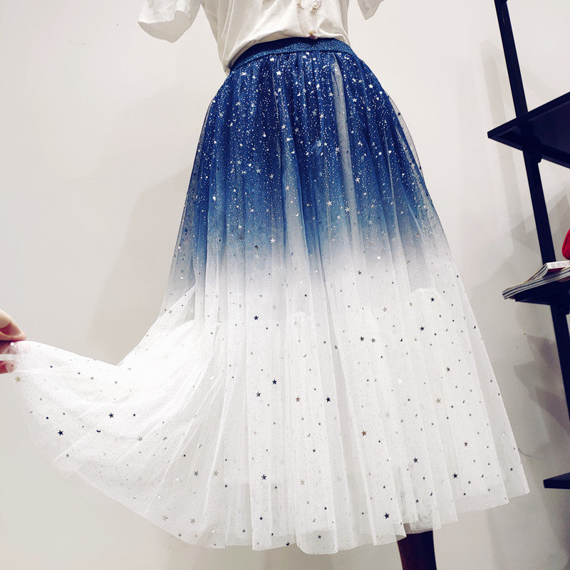 Gradient Color Summer Tulle Skirt Women High Waist Pleated Long Skirt Female A-line White Pink Tutu SkirtS