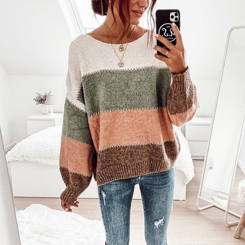 2021 New Women&#039;s Autumn Striped Knitted Sweaters Winter Casual Loose Long Sleeve Pullover Tops Round Neck Office Ladies Sweater Jumpers O6il