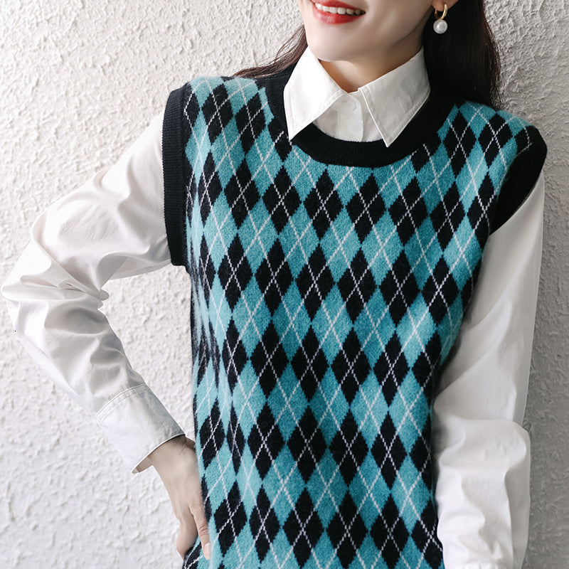 2021 New Best Quality Women Vest 100% Merino Wool Knitting Sweaters Sleeveless Oneck Jumpers Female No-sleeve Print Pullovers Bmwy