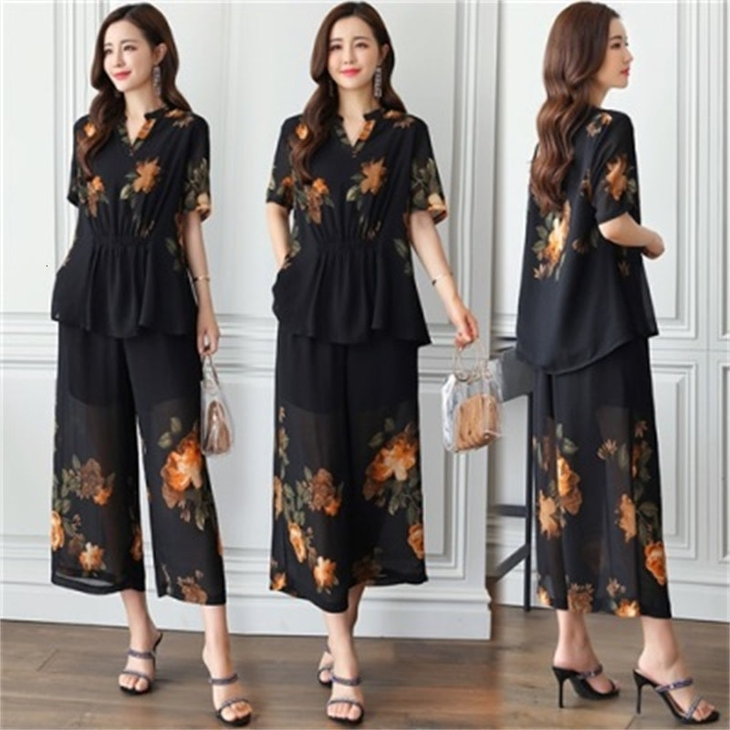 Female Flower Plus Size Suits and Pantalon Et Haut Feminine Attire Women&#039;s Summer Suit O3wh