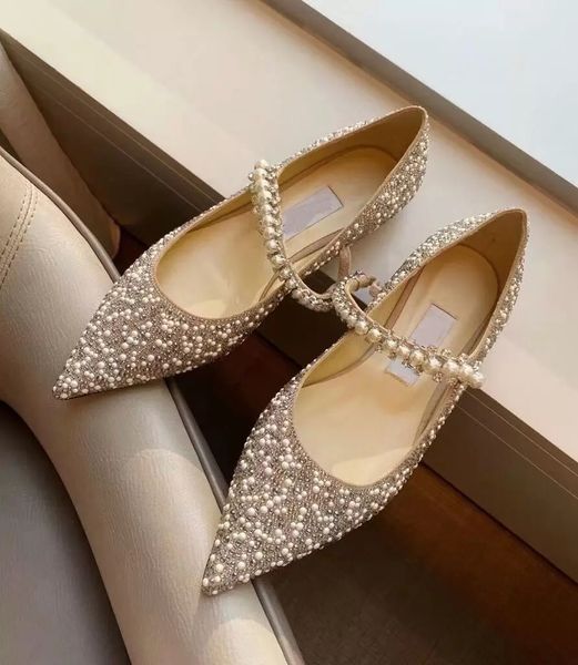 women Sandals Elegant Baily Bridal Wedding Dress Shoes Glitter Lady Pumps Crystal Pearl Strap High Heels Famous Pointed Toe Women&#039;s Com