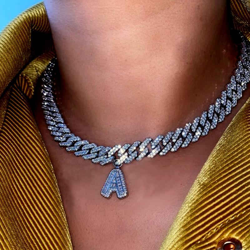 Pendant Necklaces Iced Out A-Z Initial Letter Cuban Link Chain Choker Necklace For Women Mens Baguette Crystal Fashion Bling Punk Rapper