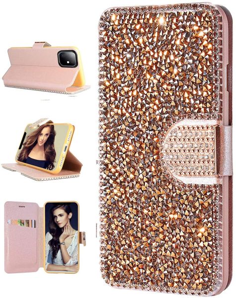 Luxury Rhinestone Magnetic Flip Wallet Cell Phone Cases with Card Holder Glitter Bling Women and Girls Protector Cover for Iphone 13 12 11 P