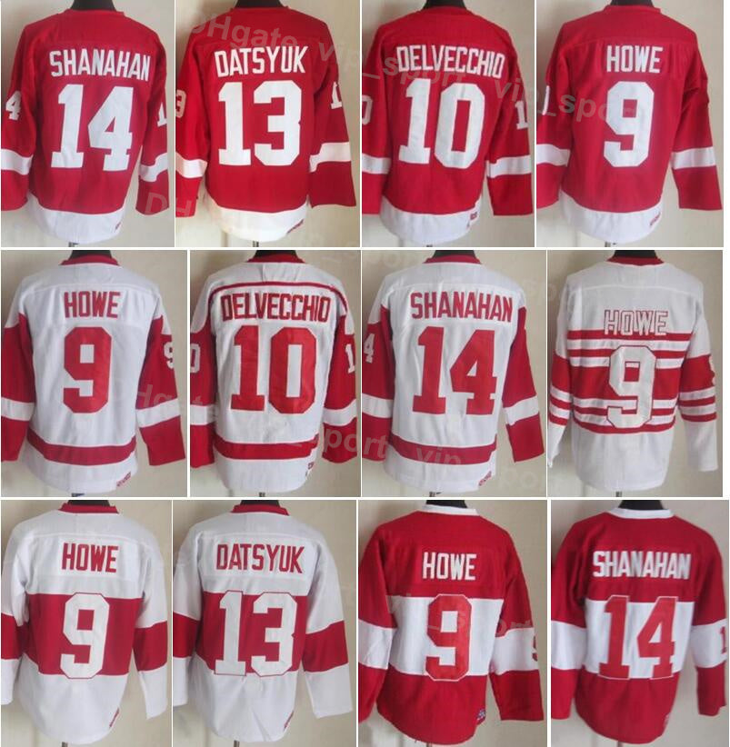 Men Ice Hockey Vintage Retro 10 Alex Delvecchio Jersey 13 Pavel Datsyuk 14 Brendan Shanahan 9 Gordie Howe 19 Steve Yzerman Stitched Home Red White 7