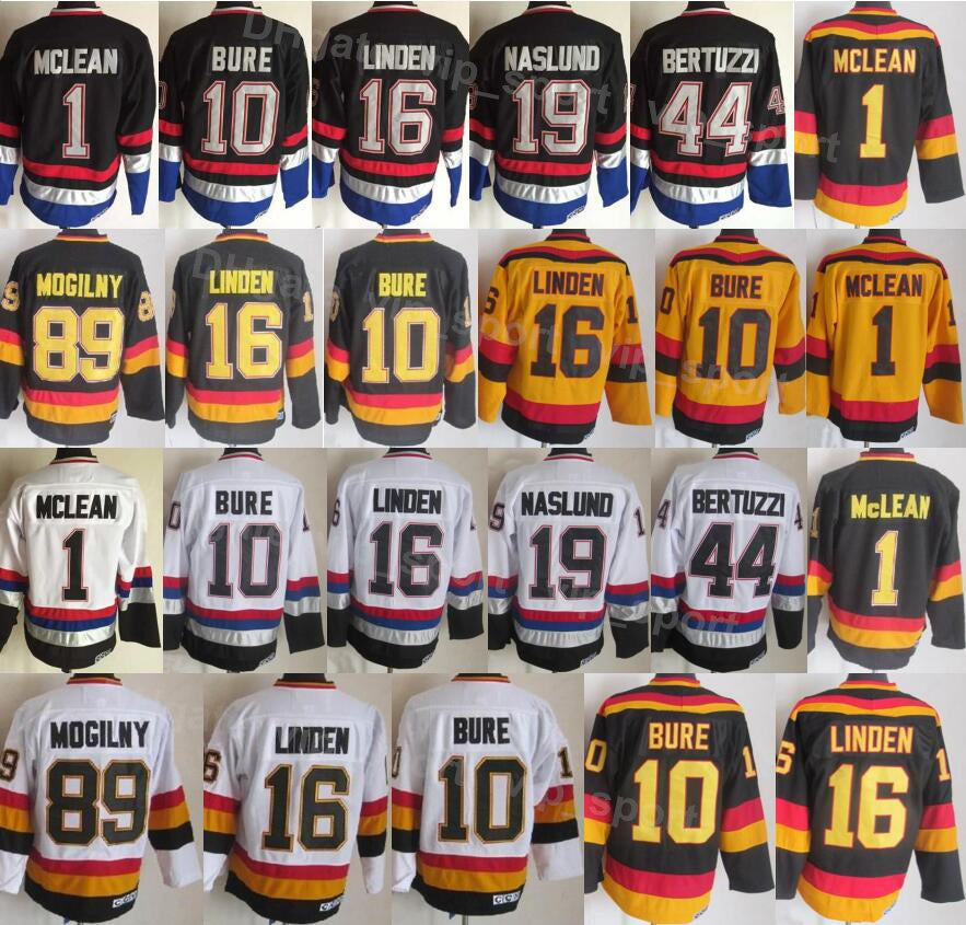 Men Ice Hockey Vintage Retro 19 Markus Naslund Jersey 10 Pavel Bure 1 Kirk Mclean 89 Alexander Mogilny 44 Todd Bertuzzi Home White Black Yellow Away
