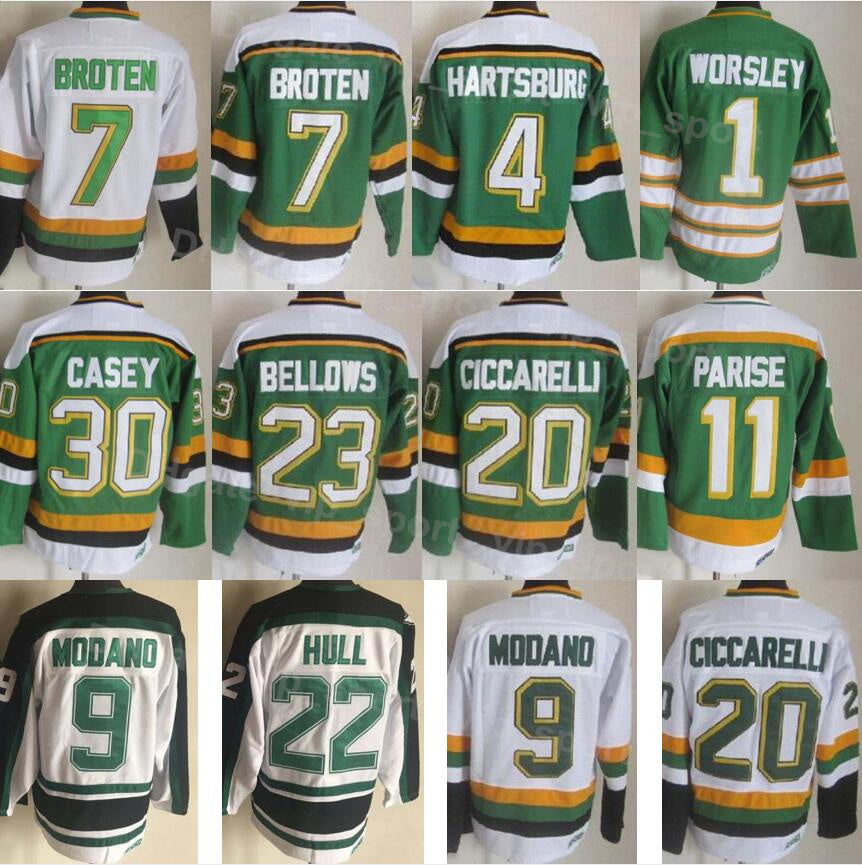 Men Ice Hockey Vintage Retro 4 Craig Hartsburg Jersey 20 Dino Ciccarelli 1 Gump Worsley 30 Jon Casey 11 J P PARISE 9 Mike Modano 7 Neal Broten 23 Br