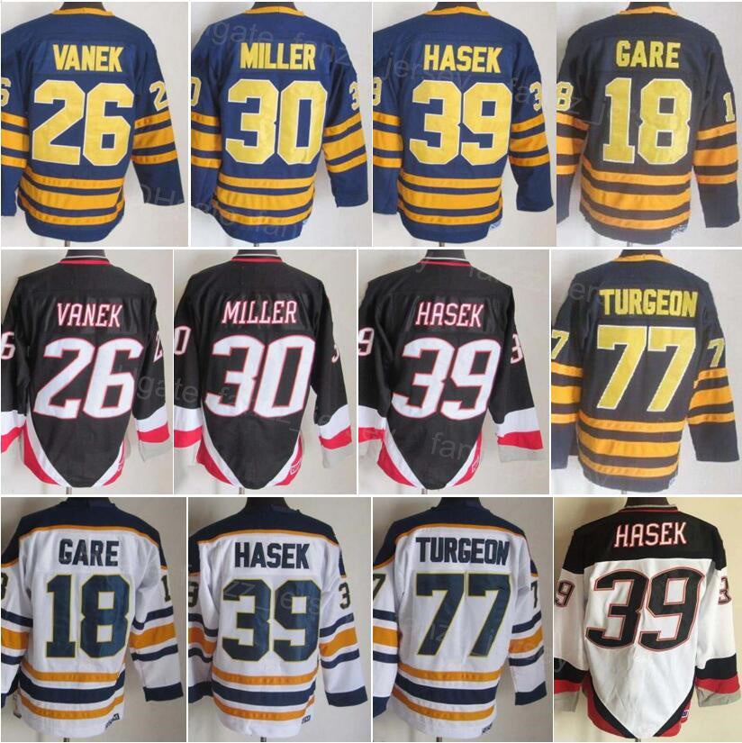 Men Retro Ice Hockey Vintage 26 Thoma Vanek Jerseys CCM 18 Danny Gare 30 Ryan Miller 77 Pierre Turgeon 39 Dominic Hasek 16 Pat LaFontaine 10 Hawerch