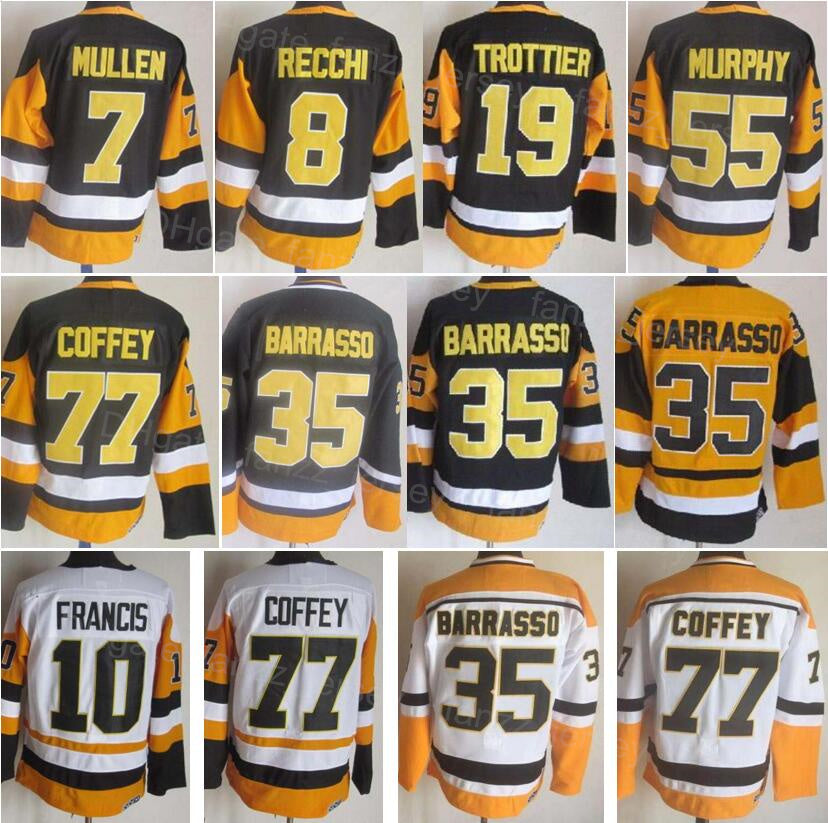 Men Retro Ice Hockey Vintage 19 Bryan Trottier Jersey 8 Mark Recchi 7 Joe Mullen 35 Tom Barrasso 77 Paul Coffey 10 Ron Francis 55 Larry Murphy Black