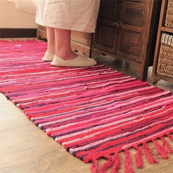Cotton Cloth Retro Handmade Tassel Rug and Carpet for Home Living Room Tapestry Absorbent Floor Area Mat Kitchen Boho Decor 220301