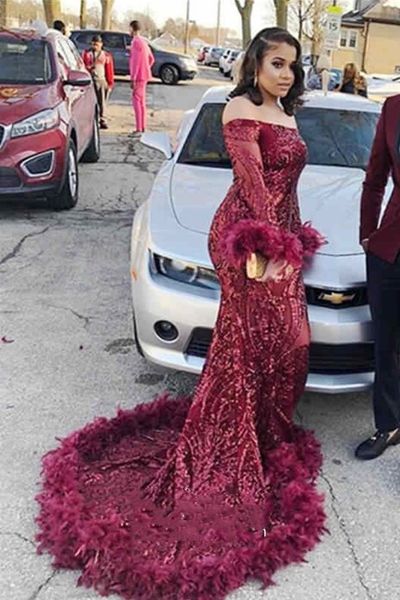 Aso Ebi Sparkly Wine Sequin Feather Hem Prom Dresses Off The Shoulder Long Sleeve Black Girls Evening Gowns Burgundy Glitter Mermaid Special