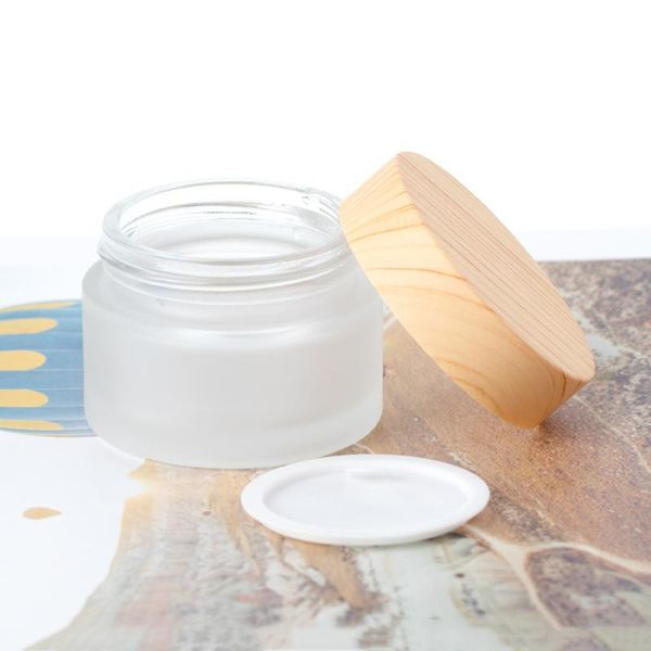Frosted Glass Jar Cream Bottles Round Cosmetic Jars Hand Face Packing Bottles 5g 10g 30g 50g Jars With Wood Grain Cover Free DHL