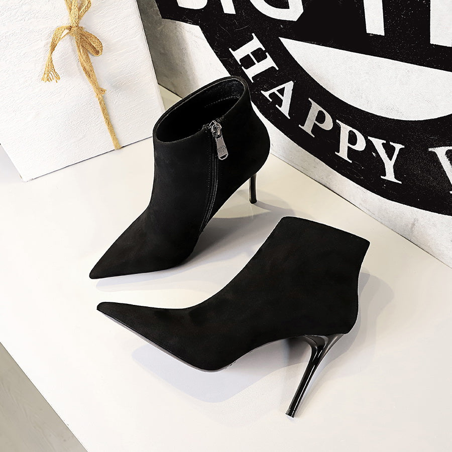 Retro Elegant Women Cow Suede Ankle Boots Thick High Heels Warm Autumn Winter Ladies Shoes Woman Office Pumps