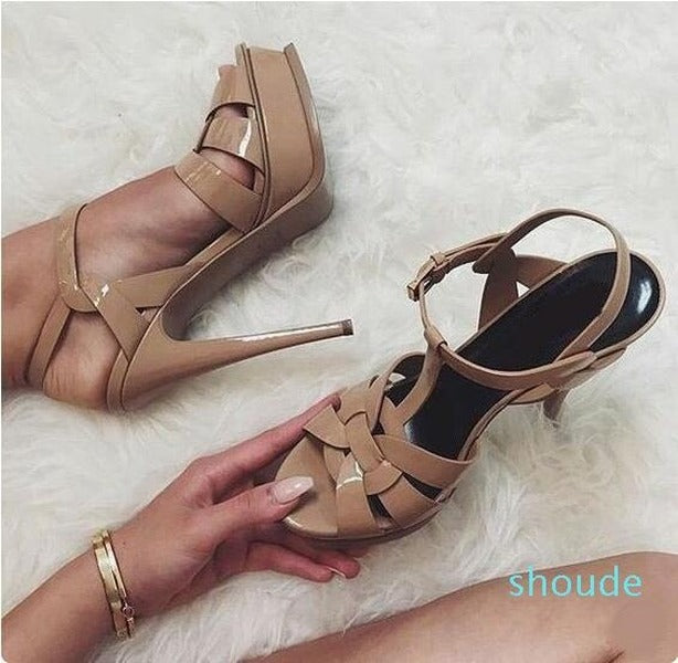 hot sale candy color nude black patent leather cross strappy sandal platform tbar shoes high stiletto heels ladies dress shoes bride