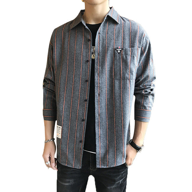 Spring youth spring and autumn ins striped shirt men&#039;s long-sleeved Korean style trendy handsome jacket casual shirt loose