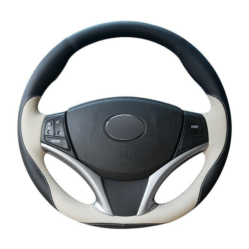 For Toyota Yaris Vios DIY Black Beige Leather Hand-stitched Car Steering Wheel Cover Anti-slip All season car accessories