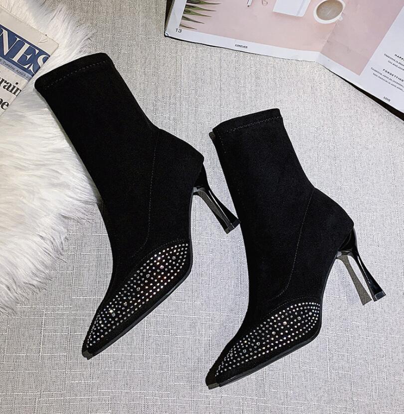 Water boot drill pointed slim-heeled women&#039;s 2021 Autumn winter style ankle boots temperament versatile flying woven high-heeled fashio