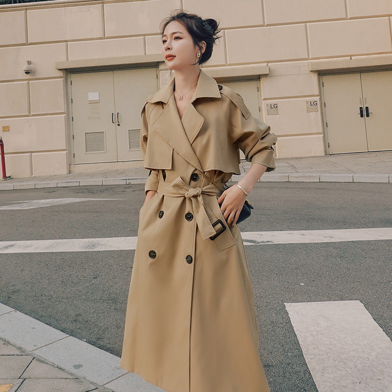 Februaryfrost New Spring Autumn Long Women Trench Coat Double Breasted Belted Storm Flaps Khaki Dress Loose Coat Lady Outerwear Fashion