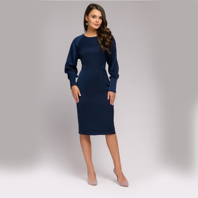 Women Elegant O-neck Solid Color Dress Office Lady Vintage Women Dresses Autumn Winter Long Sleeve Slim Work Party Evening Dress