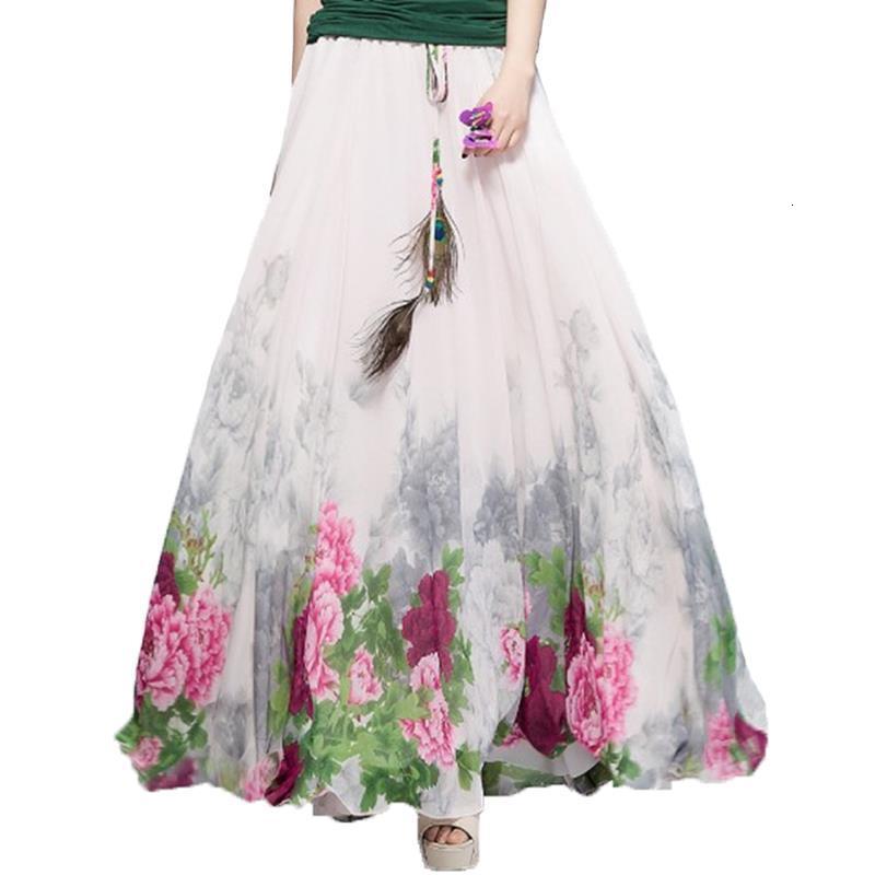 2019 Chiffon Bohemian Skirts Womens Summer Party Harajuku Print Vintage Fashion Flower Ethnic Boho Long Maxi Skirt Beach Clothes