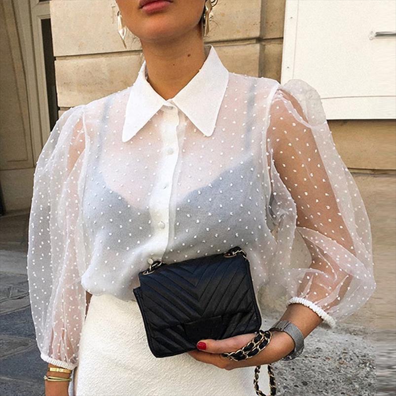 Beading Dot Mesh Womens Blouses Transparent Shirt Puff Sleeve Solid White Blouse Women Autumn Vintage Tops And