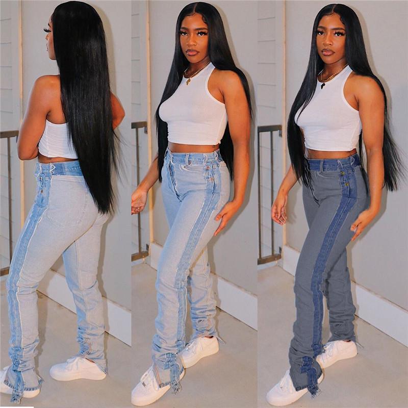 Patchwork Stacked Jeans Women Pencil Pants High Waisted Stretch Skinny Boyfriend Denim Trousers Leggings Wholesale Dropshpping