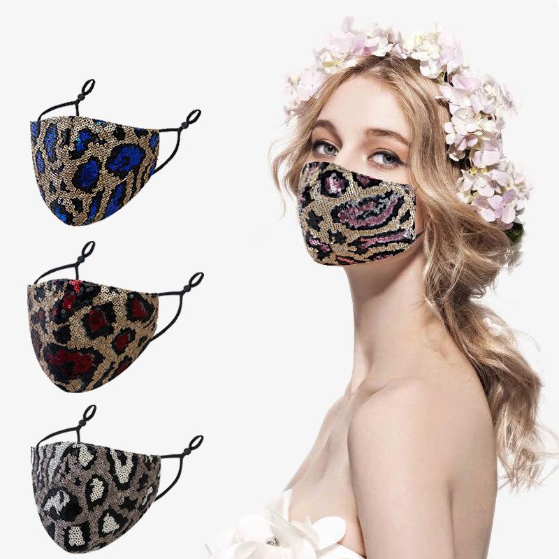 Fashion Sequin leopard print face masks summer double layer cloth mask dust and haze prevention with adjustable loop