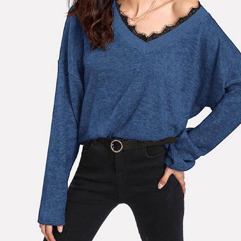 Autumn Women Lace Sweaters Elegant Female Sweaters V-Neck Knitting Tops