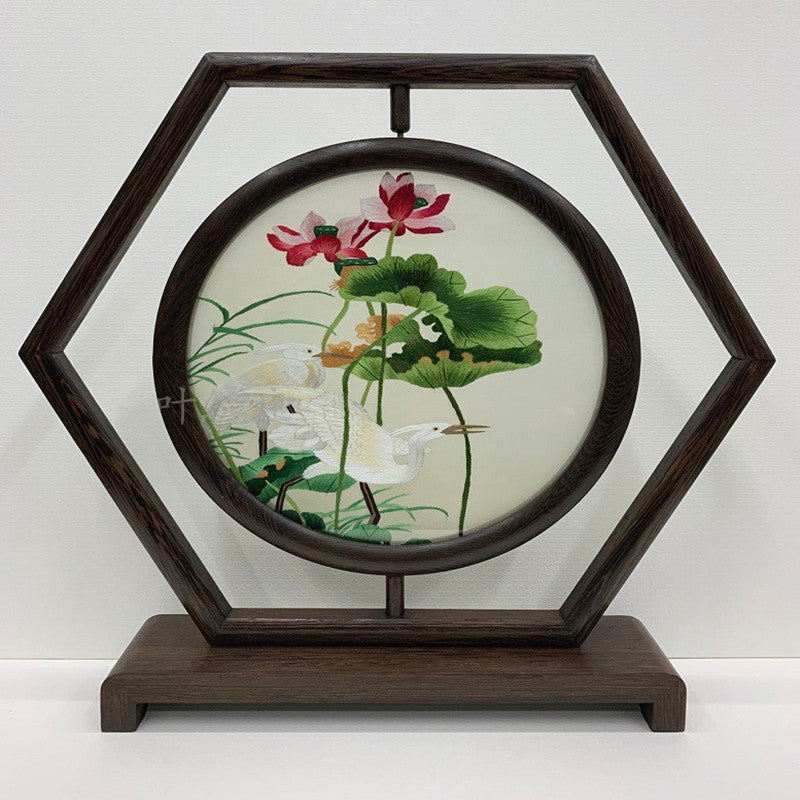 Unique Gift items for Home Office Desk Decoration Ornaments Table Accessories Crafts Chinese Silk Hand Embroidery Works with Wenge Frame