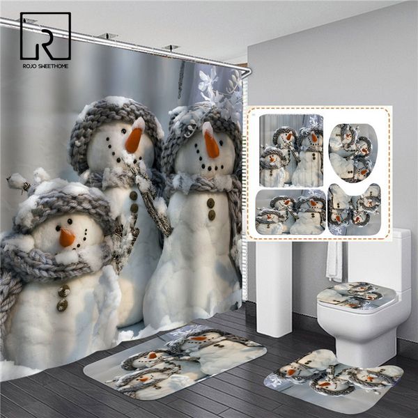 White Snowman Printed Shower Curtain Set Christmas Decor Home Festival Non-slip Toilet Seat Lid Cover Bath Mat with Hooks Home 201128