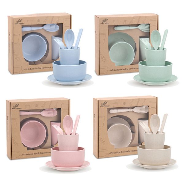 6pcs-set Baby Children Tableware Set Tableware Wheat Straw Household Dishware Set Simple Dishes Salad Soup Bowl Steak Plate Y200610