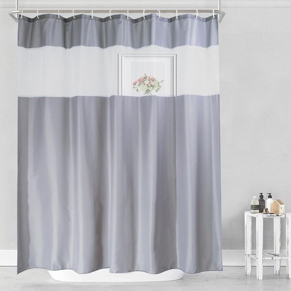 UFRIDAY Gray and White Fabric Shower Curtain for Bathroom with Window Translucent White Gauze Modern See Through Bath Curtain 201127
