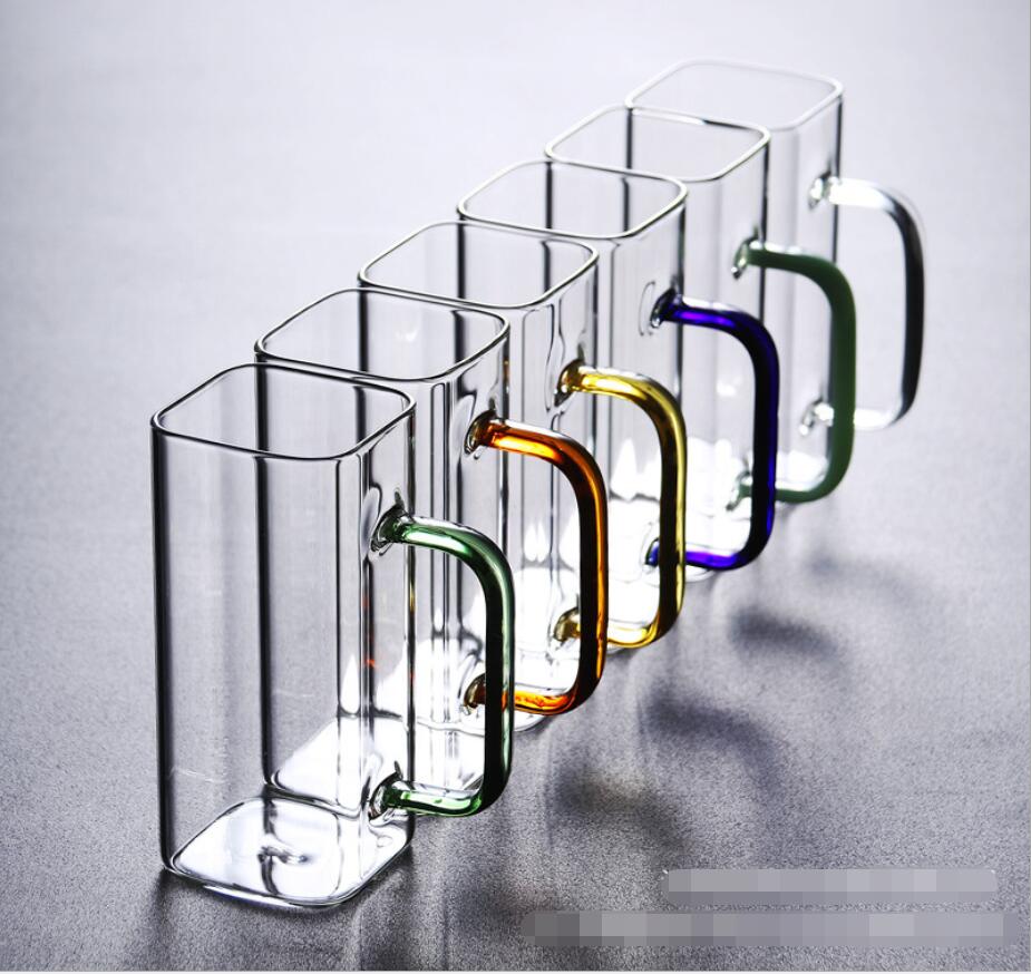 Glass cup square green tea cups heat resistant household transparent water cup uncovered single layer tea cup with handle high borosilicate
