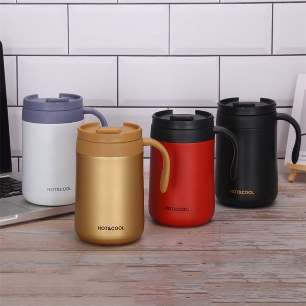 350-500ML Double Stainless Steel Thermal Coffee Mugs With Handle Thermos Flask Travel Office Tea Cup With Lid Drink Water Bottle 201204