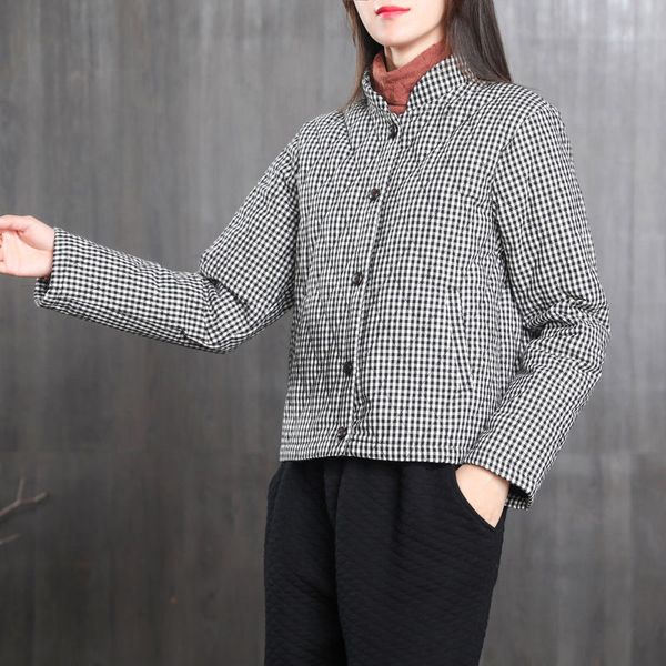 Mom&#039;s Autumn Winter Thin Coat Women Cotton Jacket Black and White Plaid Stand Collar Parkas Warm Elegant Female Outerwear office 201027
