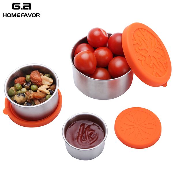 3 Pcs Food Container Fresh Box Bento Lunch Snack Sauce Storage Box 304 Stainless Steel Condiment Containers With Silicone Lids T200710