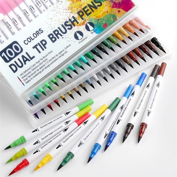 60-72-100-120PCS Dual Tip Brush Marker Pen Fine Liner Watercolor Art Markers For Coloring Drawing Painting sketching markers 201211