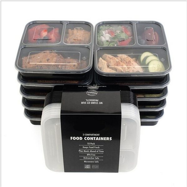 3 Compartment Reusable Plastic Food Storage Containers with Lids, Microwave and Dishwasher Safe, Bento Lunch Box, Set of 5 201209