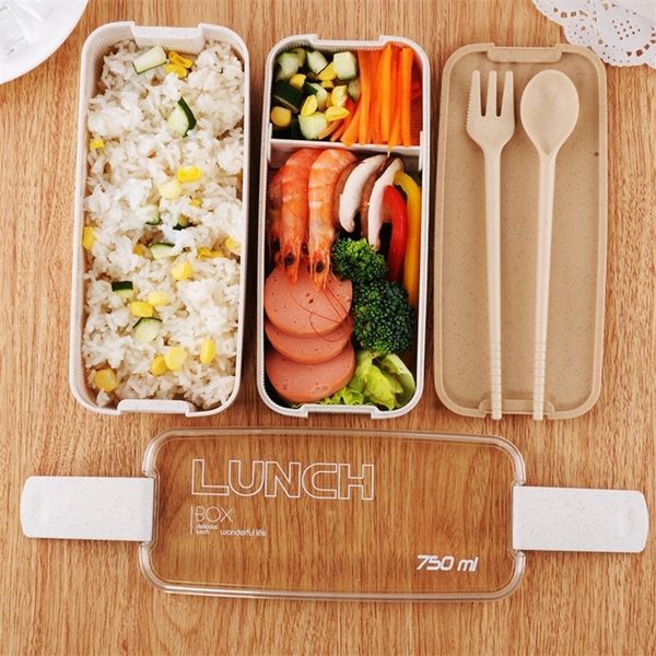 750ml Portable Healthy Material Lunch Box 2 Layer Wheat Straw Bento Boxes Microwave Dinnerware Food Storage Container Food box 201209