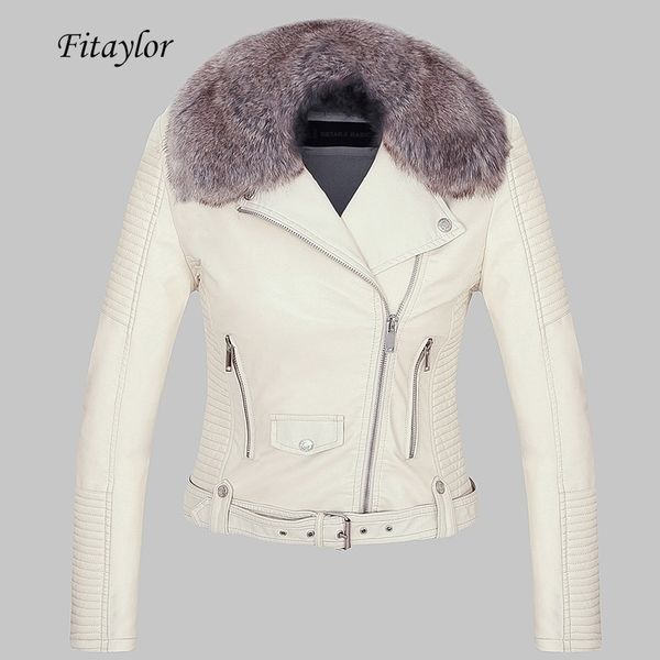 Fitaylor Women Winter Warm Faux Leather Jacket Coat With Fur Collar Female Pink Pu Motorcycle Jacket Biker Punk Black Outerwear 201030