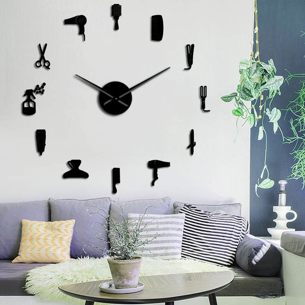 Barber Shop Hair Tool Large DIY Wall Clock Watch Stickers Frameless Beauty Salon Big Clocks Hairdresser Undefined Decor Horologe LJ201204