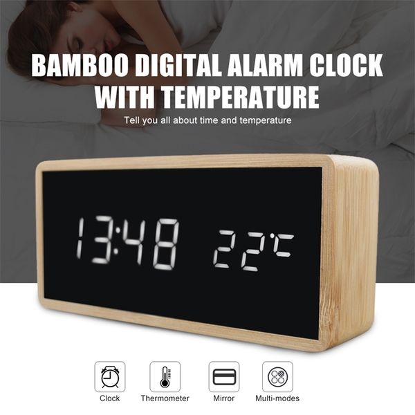 Original Bamboo Wooden Alarm Clock LED Display With Mirror Temperature Digital Watch Desktop Digital Table Clock LJ201211