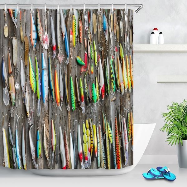 72&#039;&#039; Used Fishing Lures On Old Wooden Fence Bathroom Waterproof Fabric Shower Curtain Polyester 12 Hooks Bath Accessory Sets Y2001