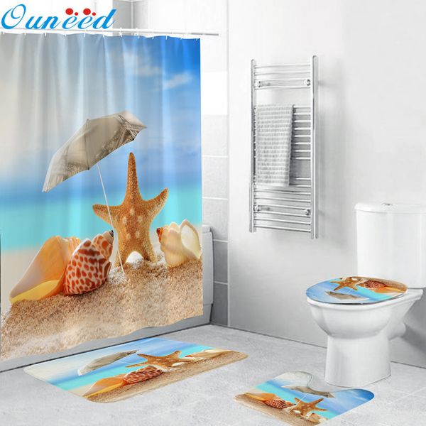 Ouneed Shower Curtains set 4PCS Non Slip Beach style pattern Toilet Polyester Cover Mat Set starfish Bathroom Shower Curtain new Y200108