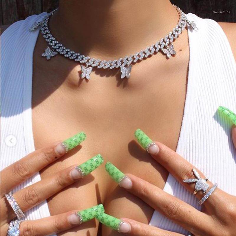 sparking cz baguette Butterfly necklace jewelry 9mm iced out bling cz Miami cuban link silver color choker women hiphop jewelry1