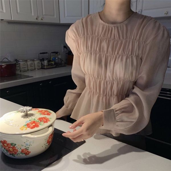 Autumn Spring Womens Blouses and Tops Long Sleeve Draped O Neck Solid Color Korean Style Elegant Casual Vestidos Mujer Blusas T200321