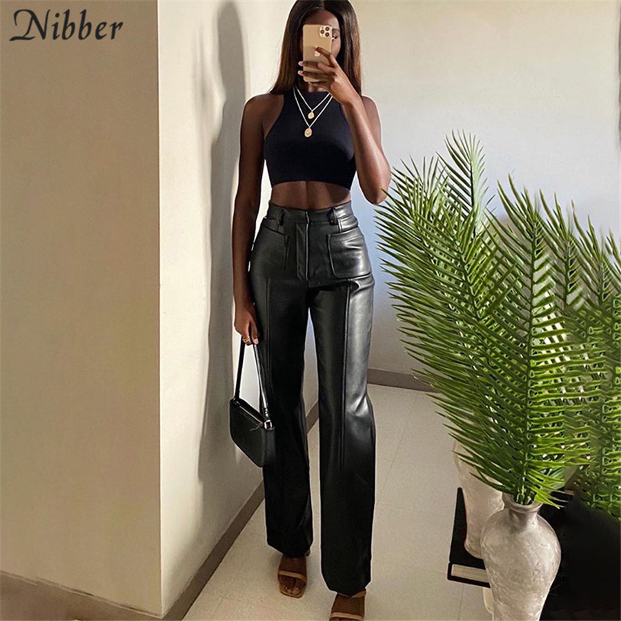 Autumn Winter Office Lady Slim Design Straight Pants Luxurious Faux Leather Vintage Y2K Leisure Trousers For Women