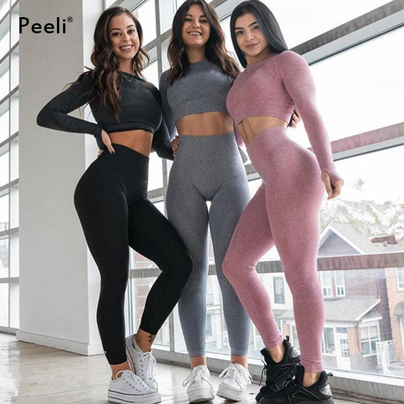 Women&#039;s Tracksuits Peeli Women Sport Suit 2 PC Sports Shirts Crop Top Seamless Yoga Leggings Set Gym Clothes Fitness Tracksuit Workout Set