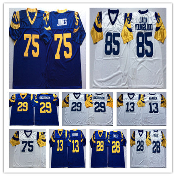NCAA Men Retired 29 Eric Dickerson 13 Kurt Warner 28 Marshall Faulk Jersey 85 Jack Youngblood 75 Deacon Jones Retro Football Jersey