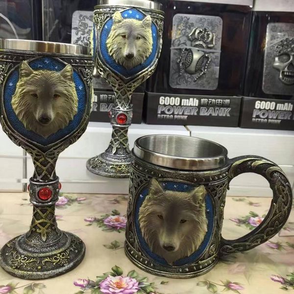 Free Shipping 1Piece Wolf Beer Mug Cool Celtic Resin Stainless Steel 3D Wolf Goblet Drinkware Mug Gothic Dinner Party Decor Y200106